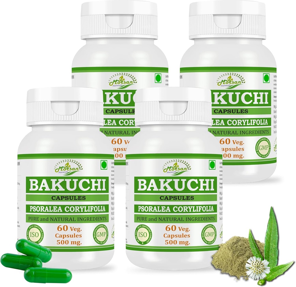Bakuchi (Bavachi, Babchi) (Psoralea Corylifolia) Cápsulas ← Potencia más alta, 100% Natural Product ← Hecho con Natural Bakuchi Seed  durable Pack de 4 x 60 x 500 mg. Veg. Capsules (4)