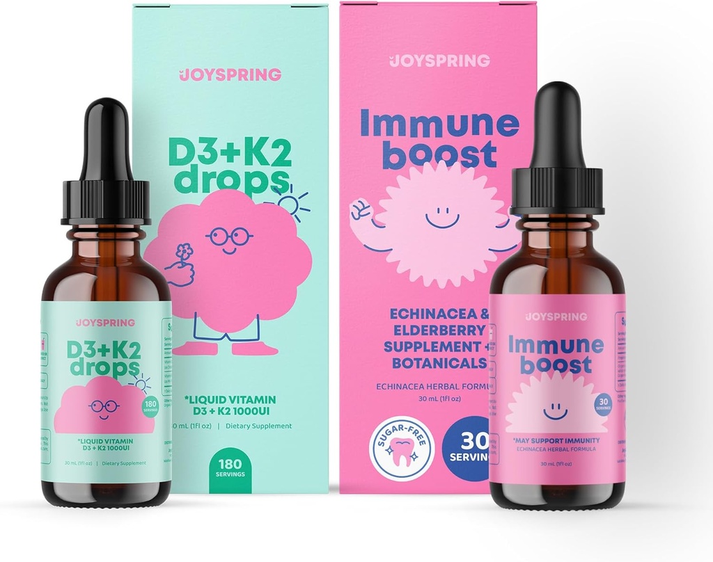 JoySpring Immune Drops &amp; Vitamina D Bundle ← Vitaminas Naturalmente Fuentes, Non-GMO, Fórmula Líquida no alcohólica, Immunity Health Support ← Vegan &amp; Vegetarian Supplements