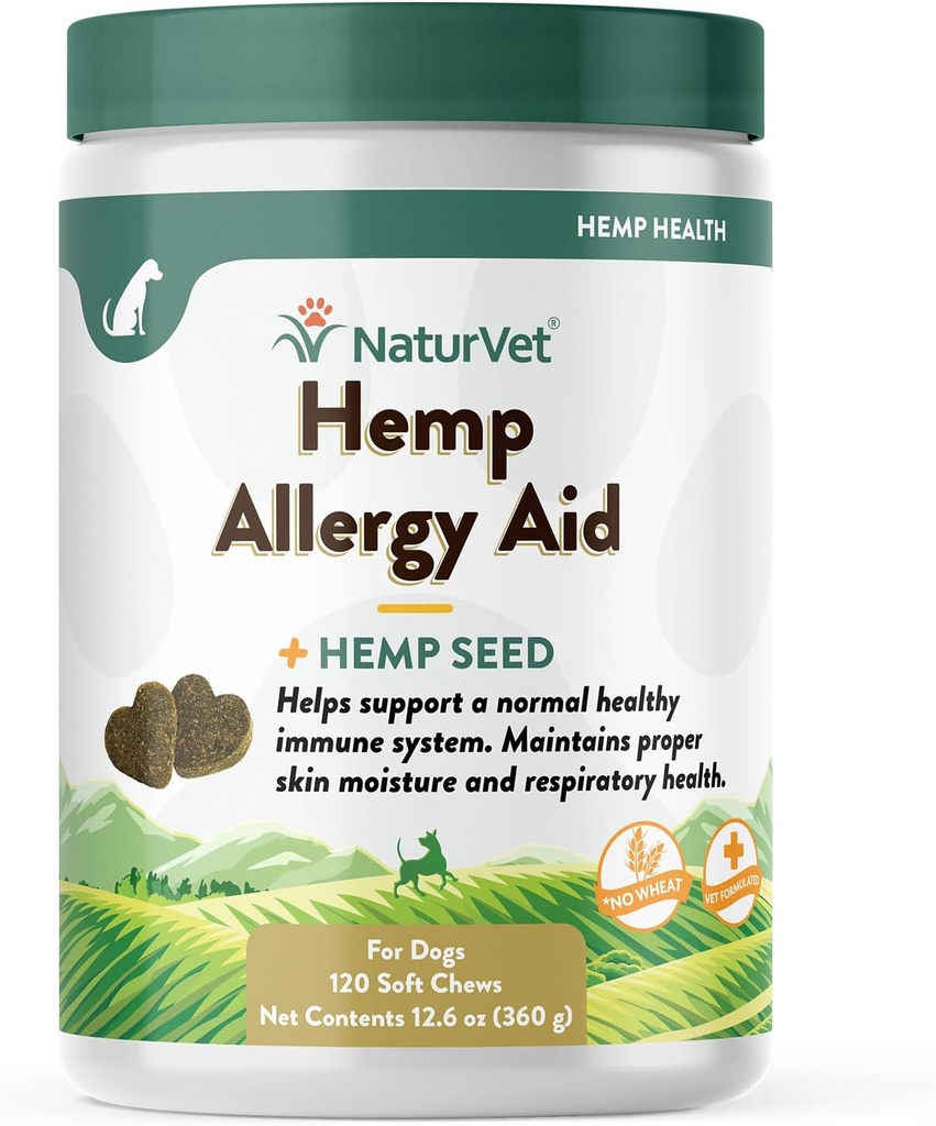 NaturVet Hemp Allergy Aid Supplement for Dogs, Hemp Seed, Antioxidants, Omegas, Dha &amp; Epa for Healthy Skin & Respiratory Health, 120 Count