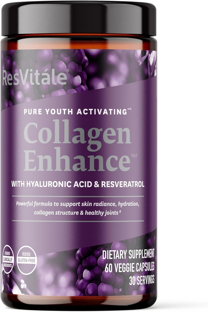 ResVitále Collagen Enhance - Suplemento de belleza con ácido hialurónico " Resveratrol - 60 cápsulas
