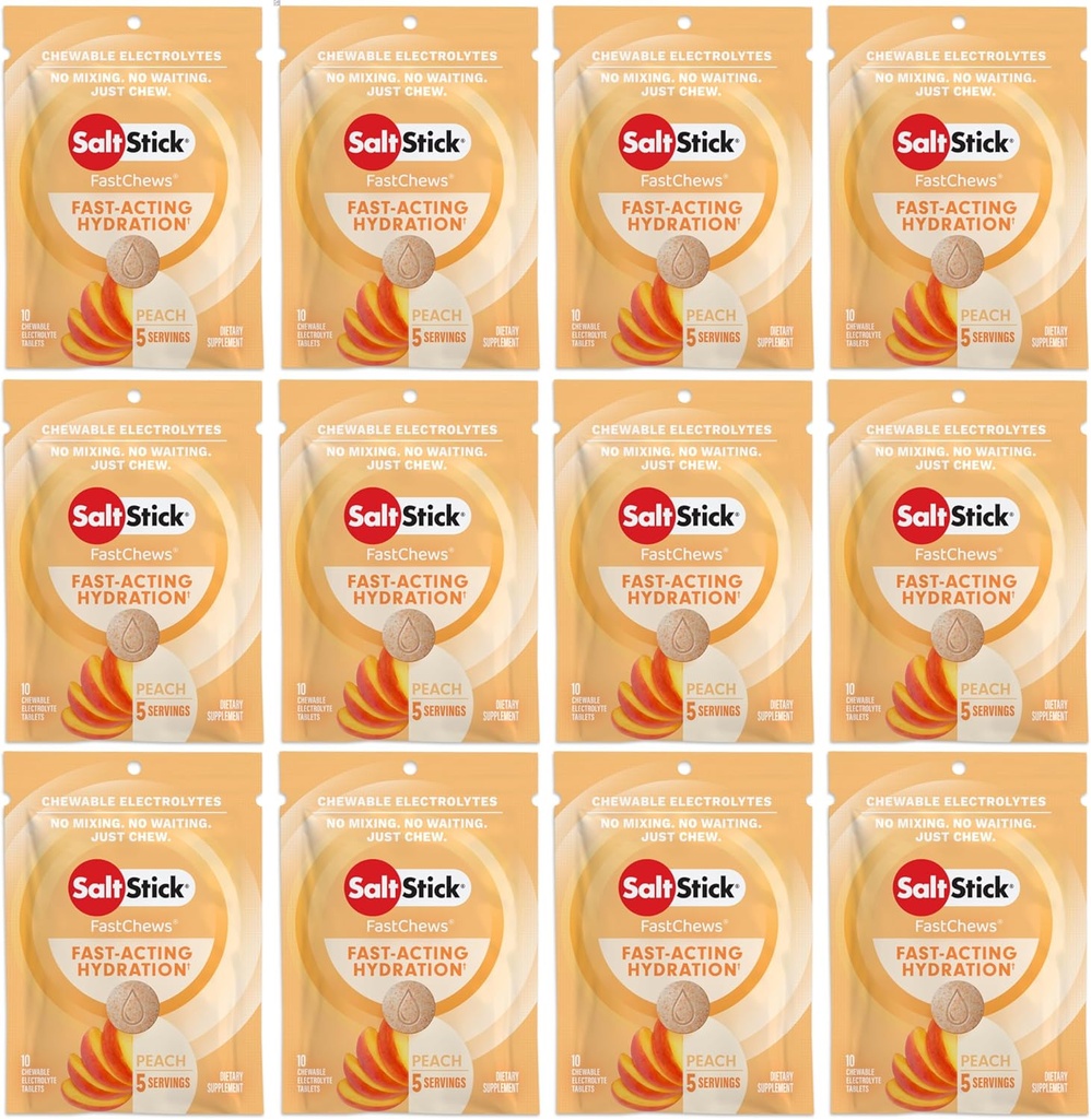 SaltStick Electrolyte FastChews - 120 Peach Chewable Electrolyte Tablets - Electrolyte Chews, Salt Tablets - 12 Packets, 10 Tablets Cada