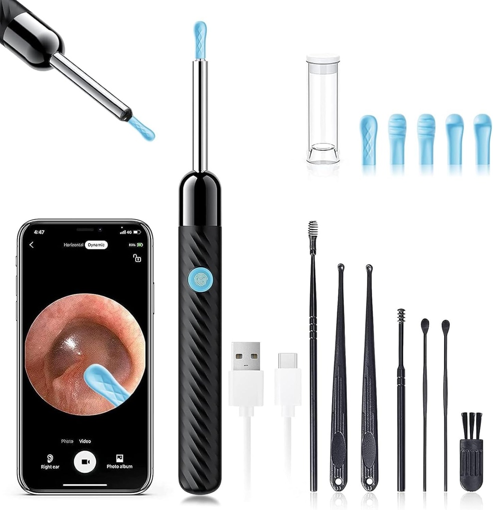 Ear Wax Removal - Earwax Remover Tool with 8 Pcs Ear Set - Ear Canal Cleaner with 1080P Camera - FSA HSA Eligible - Ear Cleaning Kit with 6 Ear Spoon - Ear Camera for iOS & Android (Black)