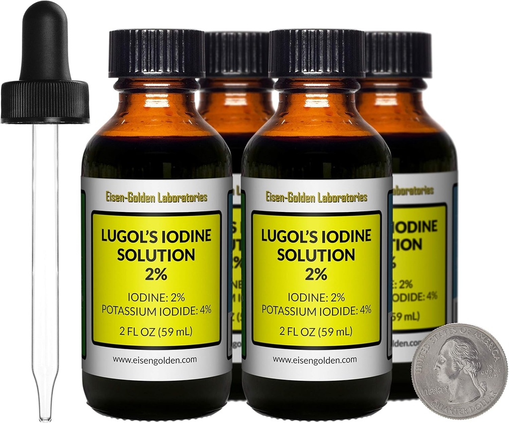 Lugol's Iodine / 2% Solución / 8 Oz en Four Amber Glass Bottles/Free Droppers/USA