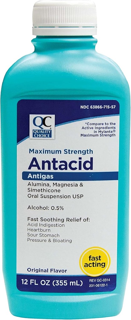 Calidad Elección Máxima Fuerza Antácida Suspensión Oral Antigas, Sabor Original - 12 Oz