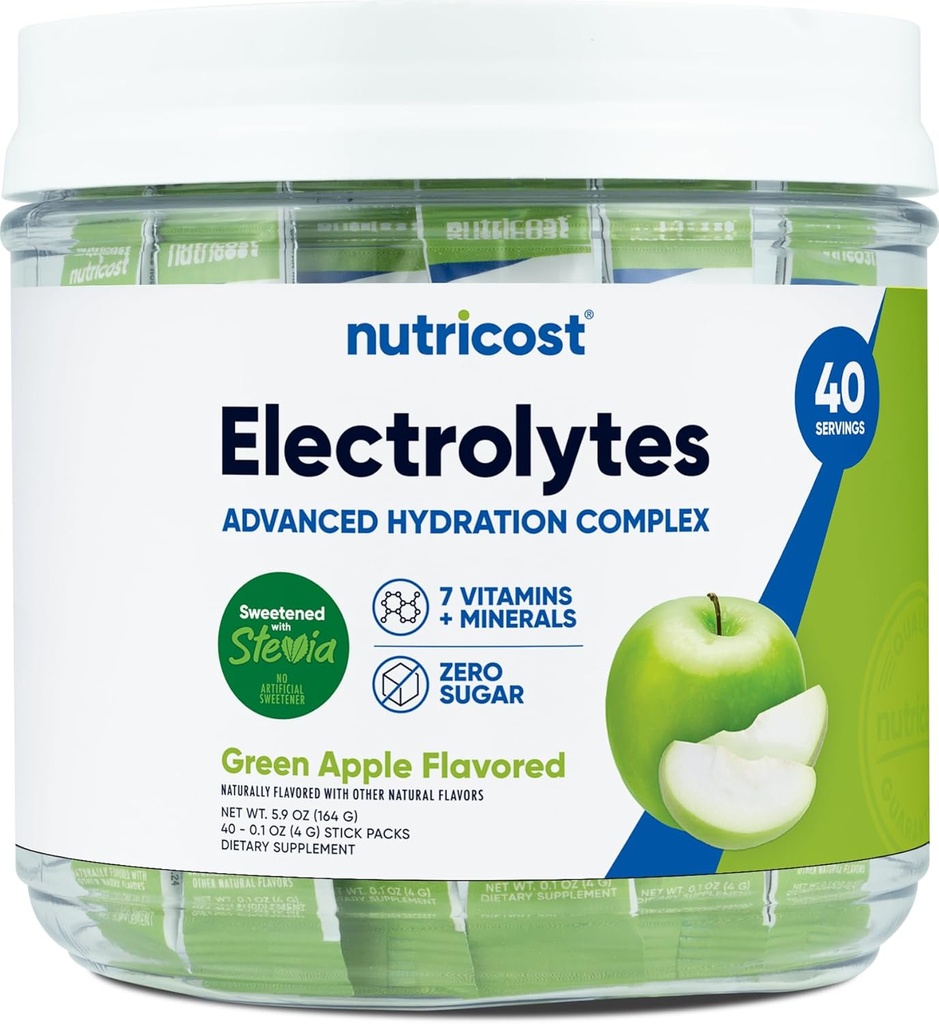 Complejo de electrolitos Nutricost, Manzana Verde Flavored, 40 Stickpacks - Complejo avanzado de hidratación