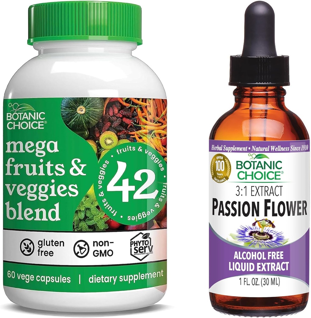 Botanic Choice Mega Fruits and Veggies Blend (60 Capsules) + Extracto de la flor de la pasión (1 fl oz) Bundle - Balance de energía &amp; Suplemento de la relajación