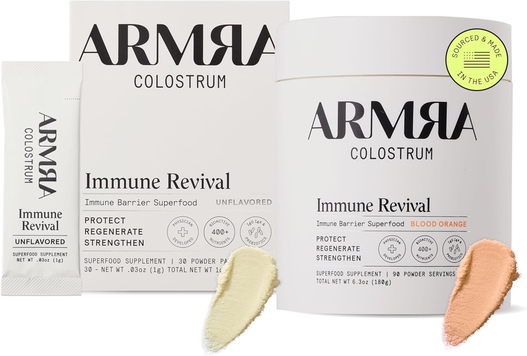 ARMRA ColostrumTM Premium Powder, Grass Fed, Gut Health Bloating Immunity Skin & Hair, Contains 400+ Bioactive Nutrients, Potent Bioavailable, Keto, Gluten & Fat Free (Unflavored 30 vidasBlood Orange 90)