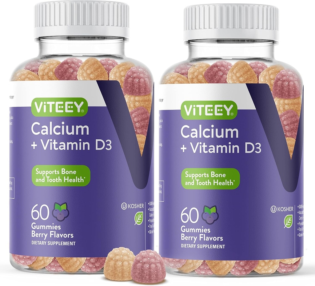 Calcio Gummies con Vitamina D3 - Ayudas Bone Health & Tooth Health - Chewable Calcium Gummies for Women, Hombres &amp; Adolescentes - Kosher, Gluten Free, GMO Free, Tasty Berry Flavored Calcium Chews Gummy