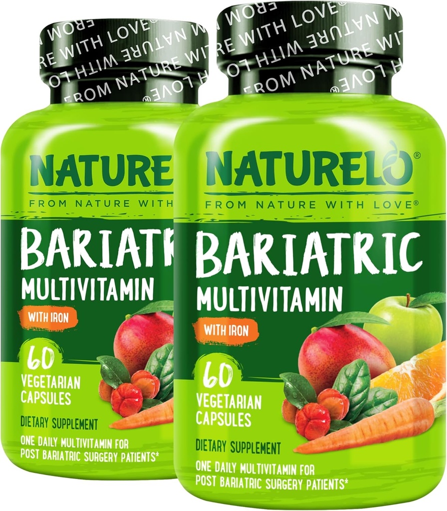 NATURELO Bariatric Multivitamin - One Daily with Iron - Suplemento para pacientes de cirugía de derivación gástrica post - nutrición natural integral - 60 cápsulas vegetales (Pack of 2)