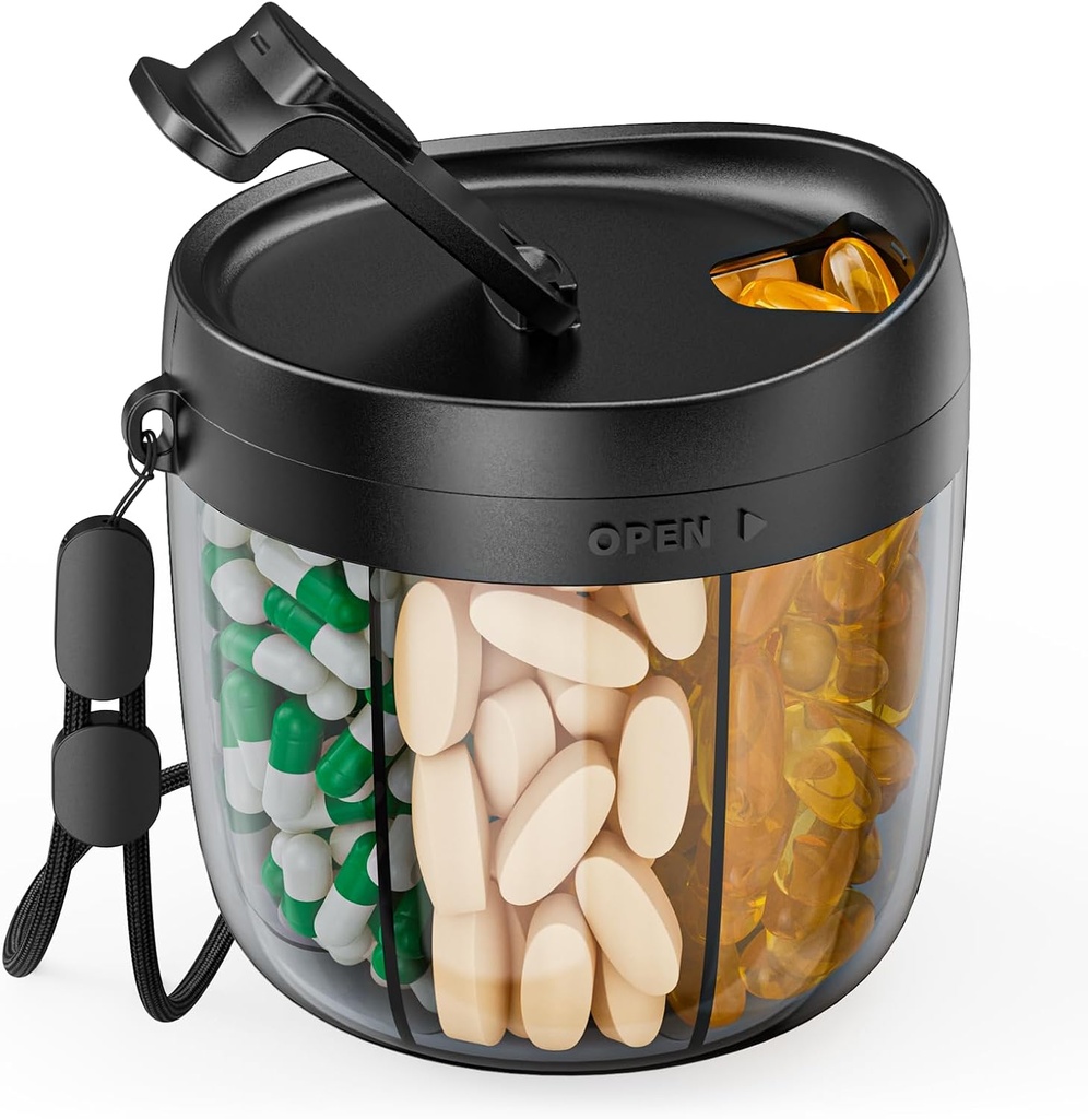 PULIV Dispensador de píldoras portátiles Botella, organizador de vitaminas con 7 departamentos, mantiene un montón de suplementos con diseño de aperturas anchas, fácil de recuperar medicamentos, Incluye 20 piezas etiquetas pegajosas