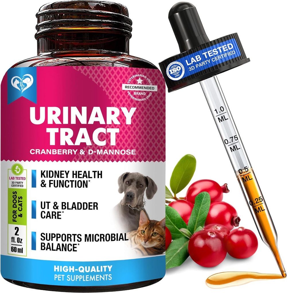 Tratamiento de la infección de gatos y perros UTI Medicina natural de la arándano &amp; D-Mannose -Kidney+Bladder Support - Mejor incontinencia, Piedras de la vejiga - Pet Renal Health &amp; Care Drops