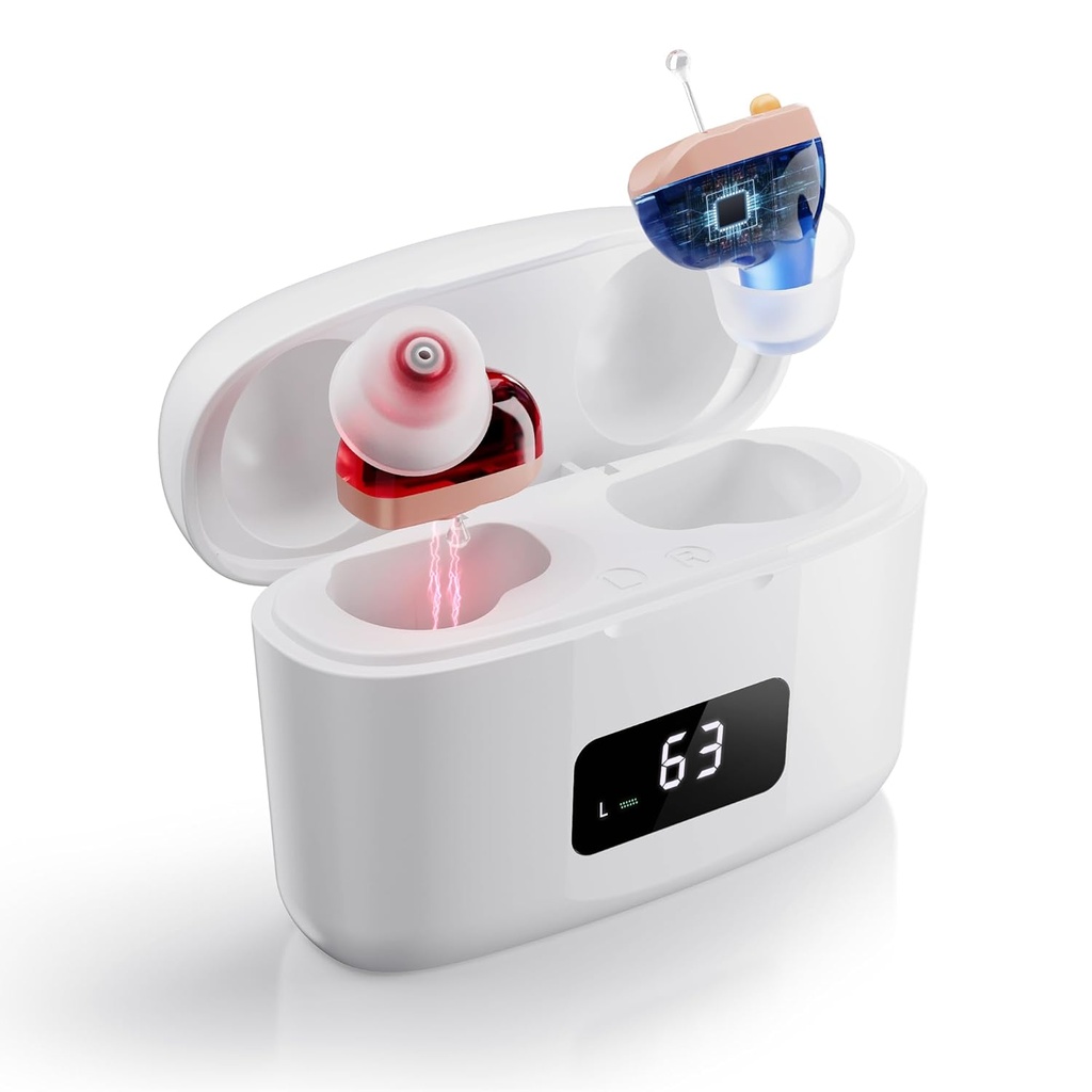 Hearing Aids Rechargeable for Seniors with Feedback Cancellation & Noise Reduction, Invisible CIC Hearing Amplifier, Comfortable for All Day Wear, 26dB Gain, 3 Modes with LED Display