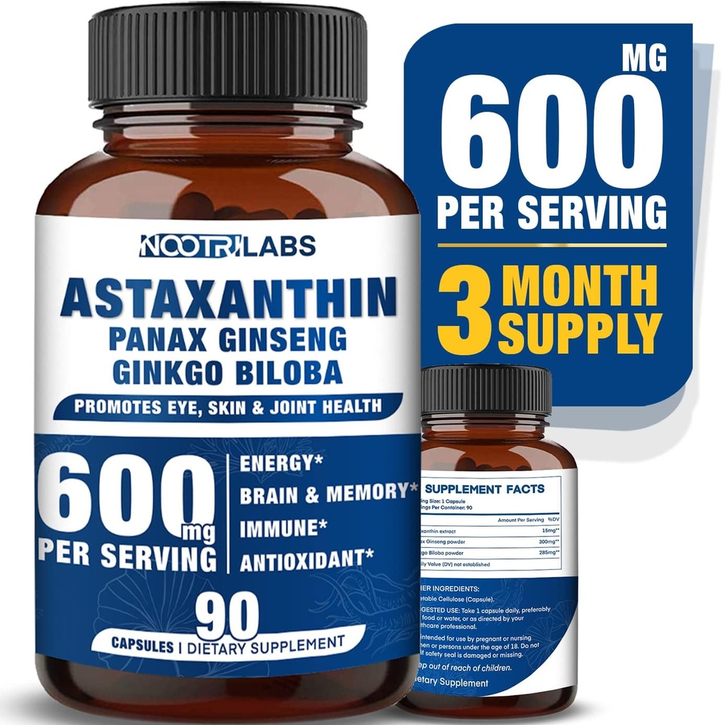Astaxanthin 15mg + Panax Ginseng, Ginkgo Biloba Suplementos, 90 cápsulas veganas, promueve la energía de la salud ocular, soporte cardiovascular + Defensa y enfoque inmunitario