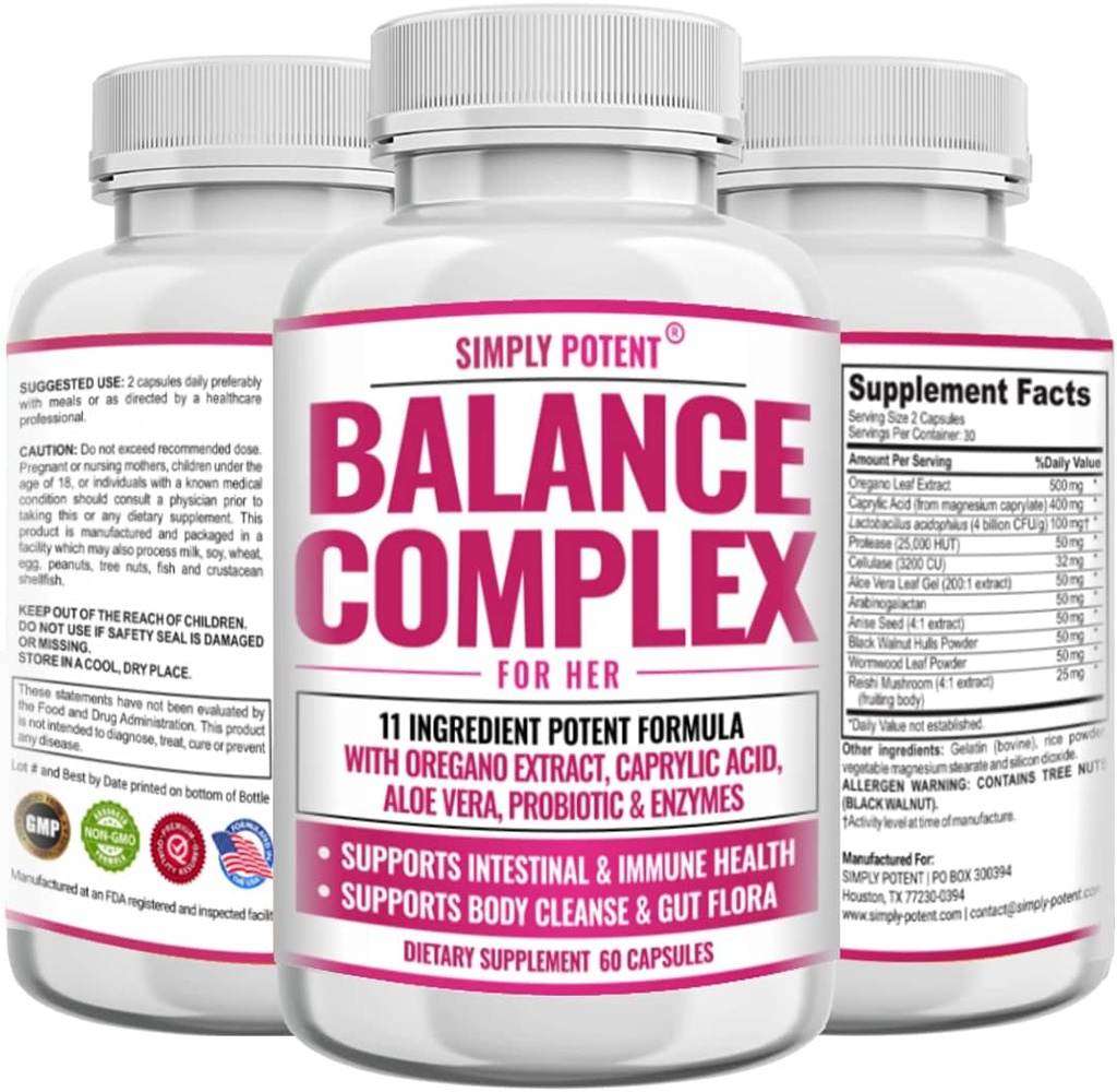 Complejo de equilibrio para mujeres, Candida Cleanse &amp; Vaginal Health Suplemento dietético, Fórmula natural con orégano, Ácido caprílico, Aloe, Probióticos " Enzymes for Gut " Immune Health Support, 60 cápsulas