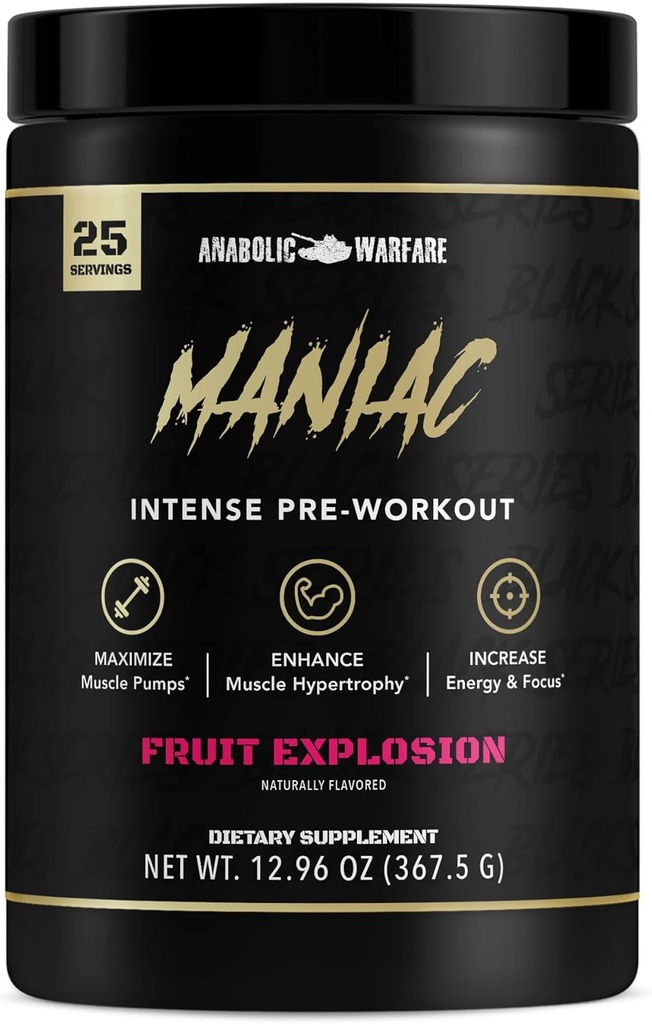 Maniaco de la Serie Negra Anabólica, Polvo de Pre-Workout, soporta óxido nítrico, bombas musculares y sintesis de proteínas* Explosión de frutas