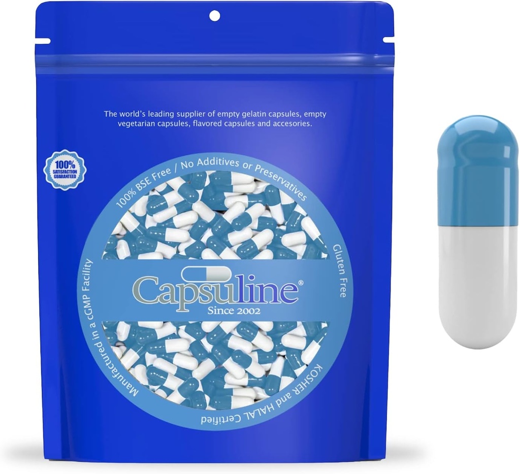 Capsuline Coloreado Talla 0 Empty Gelatin Capsules Azul/White 10000 Cuenta SilencioKosher " Halal Certified ←Gluten Free