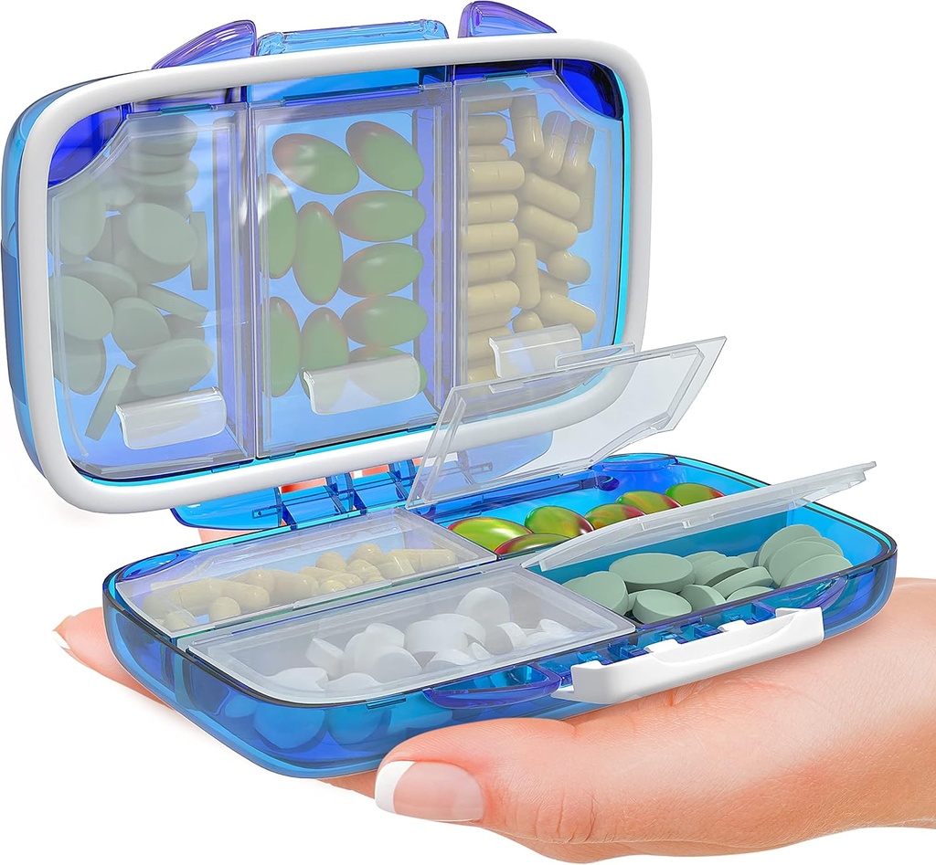 Organizador de píldoras de viaje - Moisture Proof Portable Vitamin Holder con 7 Compartments, Compact Supplement Case for Purse Essential Medicine Kit fot Traveling Pocket Pharmacy with Labels, Blue