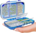 Organizador de píldoras de viaje - Moisture Proof Portable Vitamin Holder con 7 Compartments, Compact Supplement Case for Purse Essential Medicine Kit fot Traveling Pocket Pharmacy with Labels, Blue