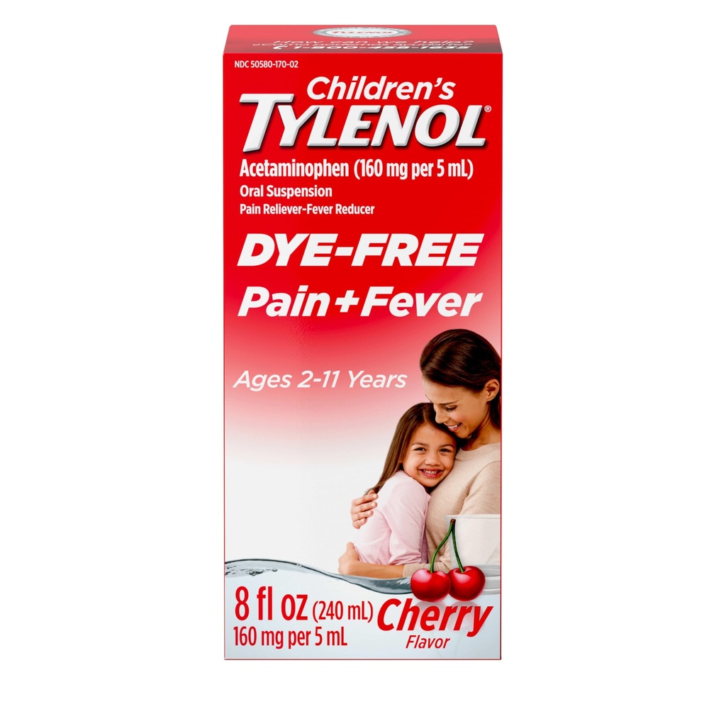 Children's Tylenol Liquid Pain Relief & Fever Medicine, Oral Suspension, Dye-Free, Acetaminophen, No Aspirin, No Ibuprofen, No High Fructose Corn Syrup; Cherry Flavor, 8 fl. oz.; Pack of 1