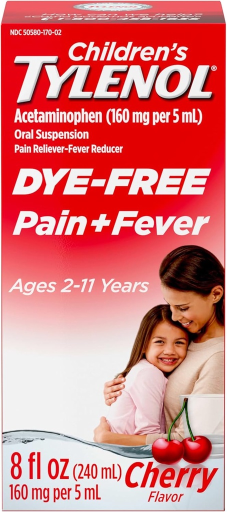 Tylenol Liquid Pain Relief & Fever Medicine, Oral Suspension, Dye-Free, Acetaminophen, No Aspirin, No Ibuprofen, No High Fructose Corn Syrup; Cherry Flavor, 8 fl. oz.; Pack of 1