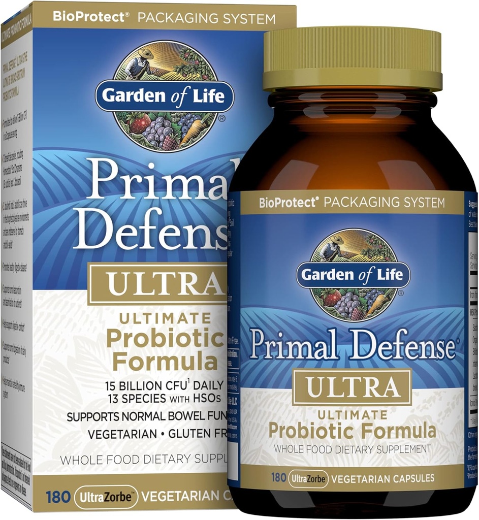 Garden of Life Probiotics for Digestive Health and Gut Health Balance, Primal Defense Ultra Ultimate Formula, 15 Billion CFU y 13 Strains Plus HSOs, Vegetarian y Gluten Free, 180 Capsules