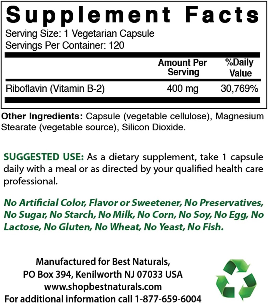 Mejores Naturales Vitamina B2 (Riboflavin) 400mg &amp; Vitamina B-6 25 Mg