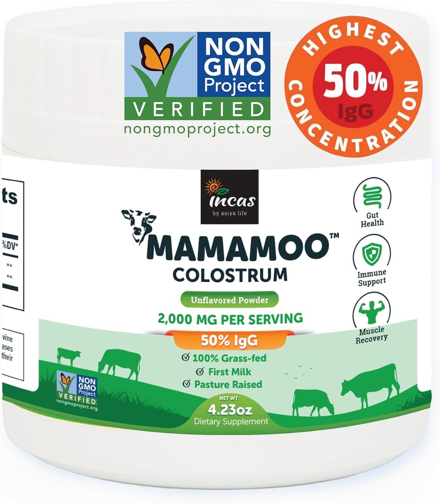MamaMooTM Colostrum Powder √50% IgG, Grass Fed, First & Only Non GMO Verified, Gut Health Bloating Immunity, Contains 400+ Nutrientes bioactivos, Third Party Lab Tested, 60 Servings (Unflavored)
