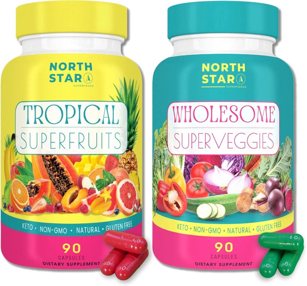 Superfood Rich Keto Tropical Fruit + Wholesome Veggie Supplements | 180 TOTAL Servings of Produce Per Bottle | Nitric Oxide + Beta Glucan | Gluten, Dairy, Soy, GMO-Free (Fruit & Veggie, 180 Count)