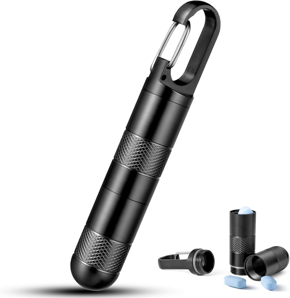 Micro Pill Holder Keychain Titanium Pill Case for Purse Small Pill Container Travel Black Pill Box Medicine Bottle Organizer for Vitamin Fish Oil Supplement (Black+1 Cerrado Extension Tube)