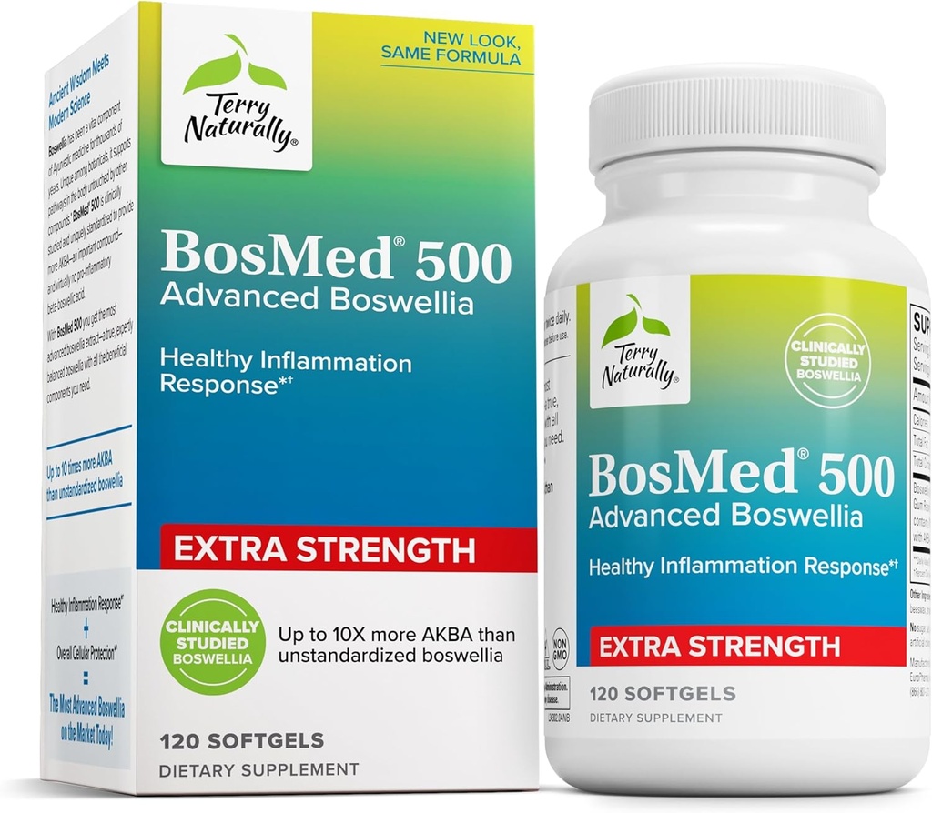 Terry Naturalmente BosMed 500 Extra Strength - Boswellia Serrata Extracto Suplemento - Suplemento para el soporte de pulmón saludable - Herbal Suplemento Fórmula con niveles altos de AKBA - 120 Softgels