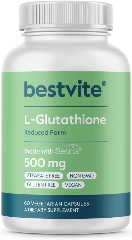 BESTVITE L-Glutathione 500mg w Setria (60 gorras Veggie) - No Stearates - Vegan - Gluten Gratis - Non GMO