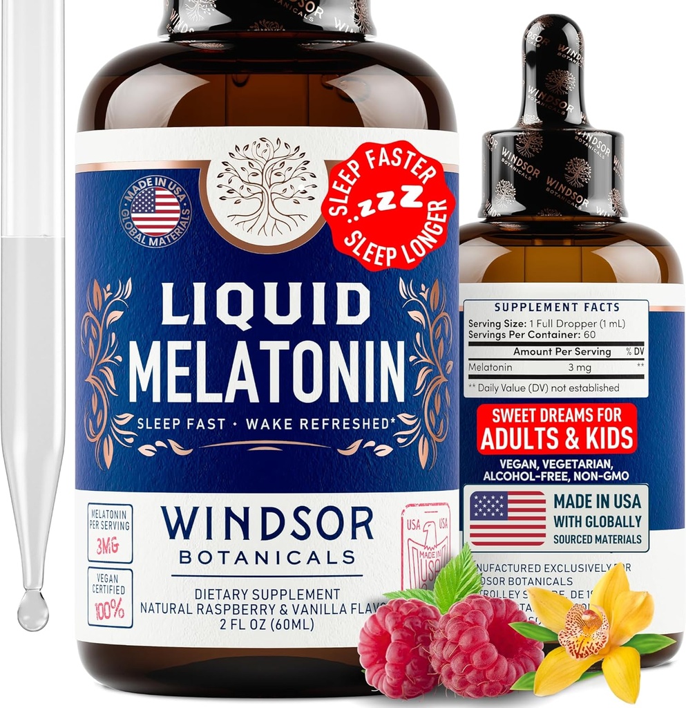 Melatonina líquida para adultos y niños 6 años arriba - 3 mg Melatonina gotas de sueño líquido fuerza adicional - Absorción rápida, Raspberry Vanilla Flavor Melatonina - 2oz, 2 meses de suministro, hecho en EE.UU.