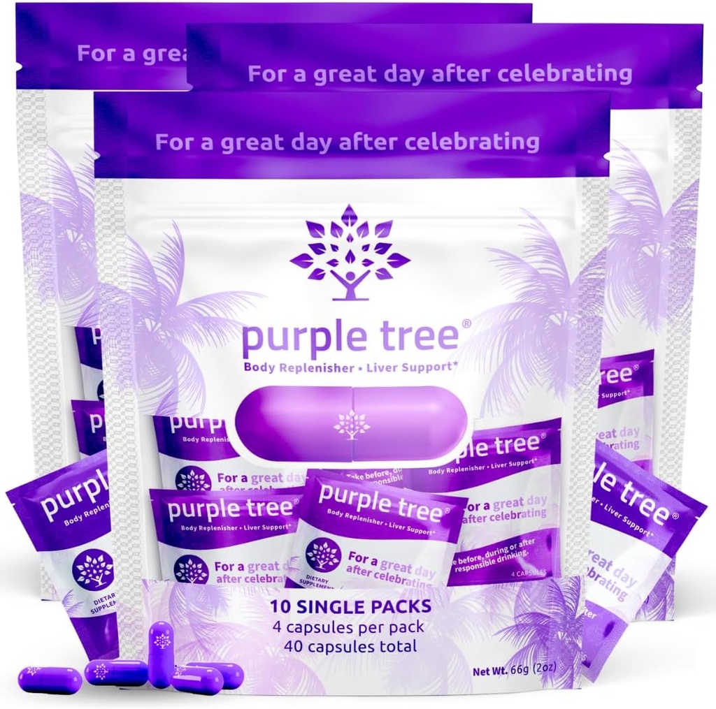 Árbol Púrpura Pos-Celebración Wellness TENIDO Apoyo al hígado, Hidratación &amp; Replenisher TEN Dihydromyricetin DHM, Milk Thistle, Electrolytes, Vitamins TEN Bachelorette " Bachelorette " , 30 Packets (120 pastillas)