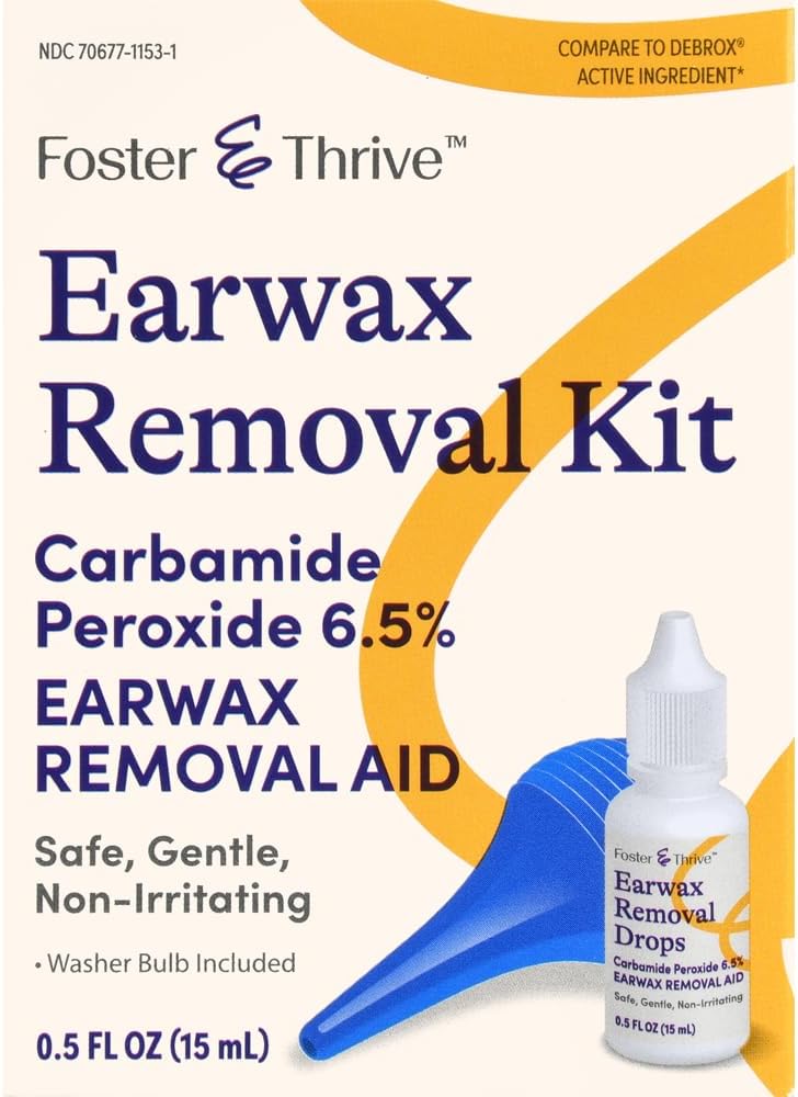Foster & Thrive Earwax Removal Kit, Softens & Loosens Excess Earwax, Safe, Gentle and Non-Irritating, Carbamide Peroxide 6.5%, Includes Drops and Ear Syringe Bulb, 0.5 Oz