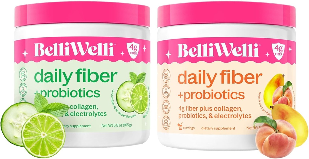 Suplemento diario de fibra Agrupación con Collagen, Probióticos, Electrolitos & soporte de hidratación - Cucumber Lime Mint & Peach Mango Flavors - Promueve Digestiva, Salud de la piel, Equilibrio de Gut - 32 Serviciones