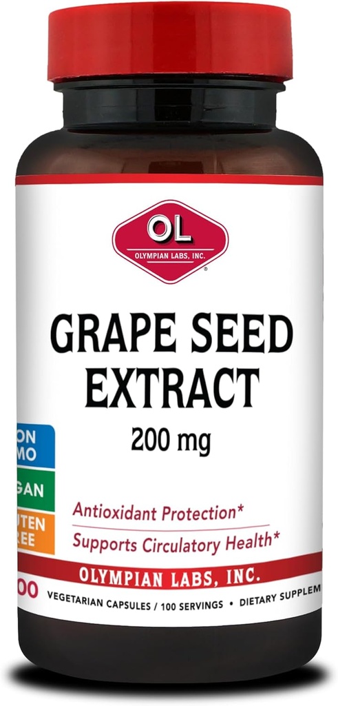 Olympian Labs Grape Seed Extract Capsules - 200 mg - 100 cápsulas vegetales Apoyo a la salud cardíaca, protección antioxidante.