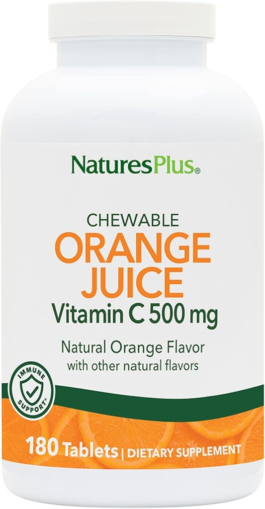 NaturesPlus Orange Juice Chewable Vitamina C - 500 mg, 180 Tablets - Suplemento de Apoyo Inmunitario de alta potencia, Antioxidante - Gentle On Stomach -Vegetariano, Gluten-Free - 180 Servings