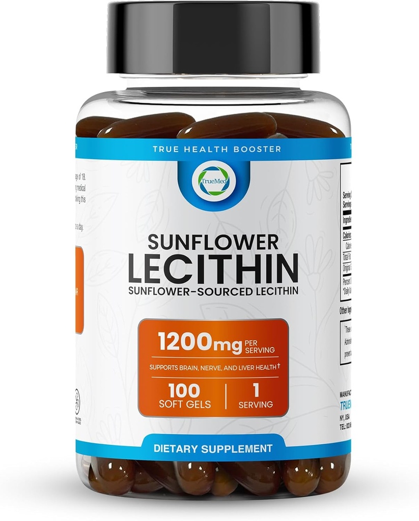 Lecithin girasol 1200 MG 100 Softgels, suministro de 100 días garantizado pura, no GMO, libre de soja, soporta cerebro, corazón, nervios, salud del hígado, función cognitiva, colesterol saludable, alta absorción Fórmula