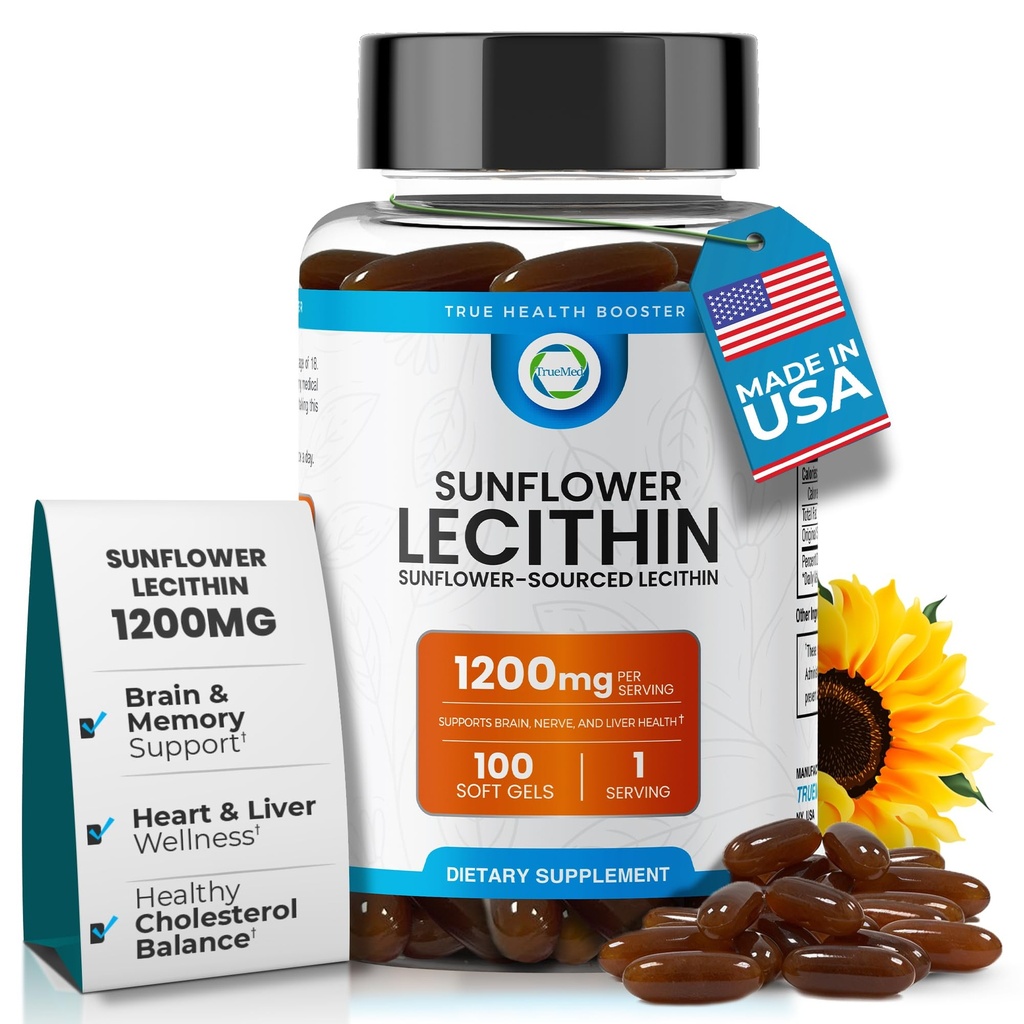 Lecithin girasol 1200 MG 100 Softgels, suministro de 100 días garantizado pura, no GMO, libre de soja, soporta cerebro, corazón, nervios, salud del hígado, función cognitiva, colesterol saludable, alta absorción Fórmula