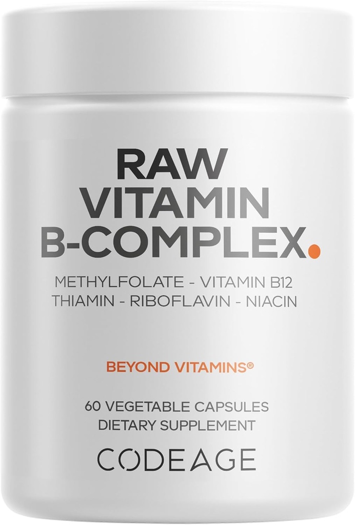 Codeage Raw Vitamin B-Complex Supplement - Essential B Vitamins with Probiotics, Digestive Enzymes, Fruits & Vegetables - 2-Month Supply - Methylfolate - Biotin - Vitamina B12 - Non-GMO - 60 cápsulas