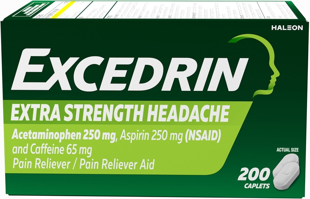 Excedrin Extra Strength Pain Relief Caplets for Headache Relief, Acetaminophen 250mg, Aspirin 250mg, Caffeine 65mg, Doin Reliever, 200 Conde