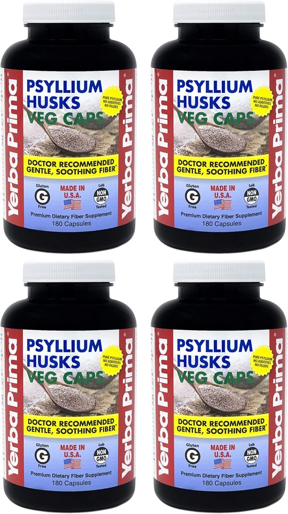 Yerba Prima Psyllium Husks Veg Caps - 180 Conde (Pack of 4) - Vegan, Non-GMO, Gluten Free, Colon Cleanser, Daily Fiber Supplement for Gut Health & Regularity