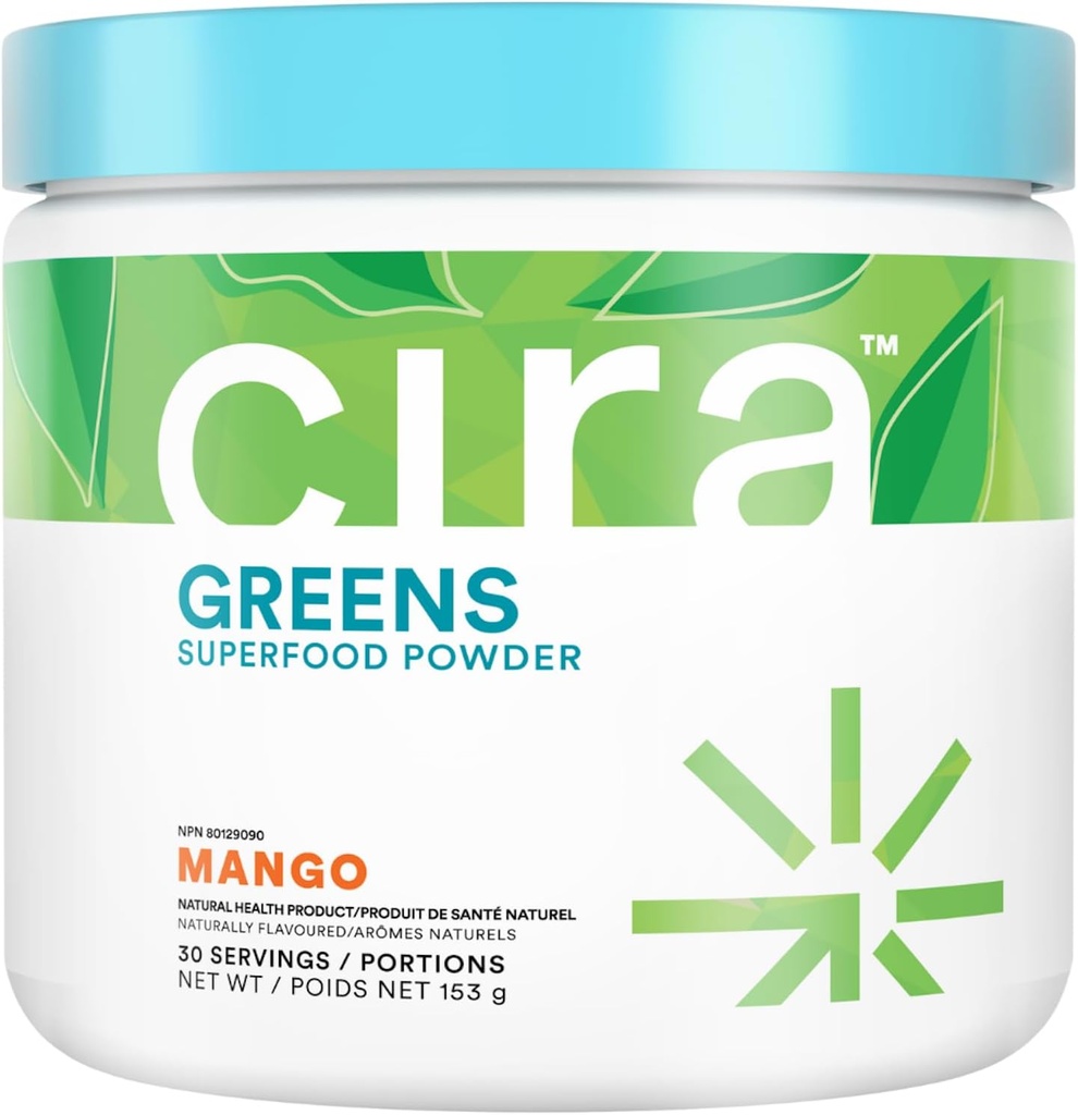 Cira Daily Greens - Naturalmente Endulzado, Orgánica Spirulina Superfood Powder con Ingredientes Premium, Antioxidante-Rich para Deblotar, Digestión, Energía - Mango, 30 Servimientos