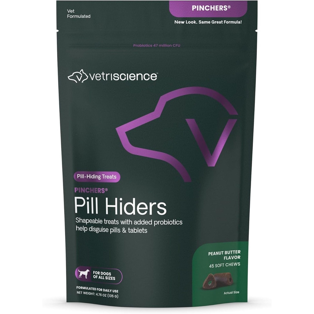 VETRISCIENCE Pinchers Pill Hiders Chews, Píldora no grande con Probióticos para Perros, Disguise Pequeñas Píldoras, Cápsulas y Tabletas, Soft y Chewy, Gut e Immune Support, Mantequilla de Maní, 45 Conde