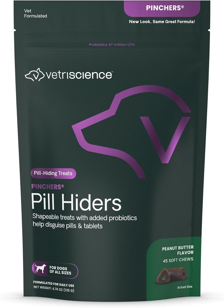 VETRISCIENCE Pinchers Pill Hiders Chews, Píldora no grande con Probióticos para Perros, Disguise Pequeñas Píldoras, Cápsulas y Tabletas, Soft y Chewy, Gut e Immune Support, Mantequilla de Maní, 45 Conde