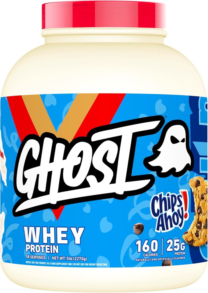 GHOST Whey Protein Powder, Chips Ahoy! - 5LB, 25G de Proteína - Chocolate Chip Cookie Flavored Isolate, Concentrate & Hydrolyzed Whey Protein Blend