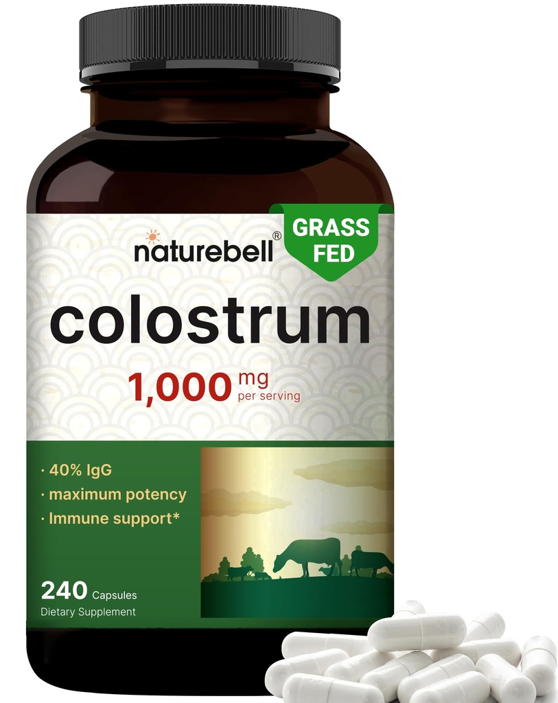 NatureBell Bovine Colostrum Suplemento 1000mg Por Serving, 240 cápsulas  40% IgG Colostrum Powder for Gut Health, Bloating, Skin, Hair & Immune Support – Non-GMO