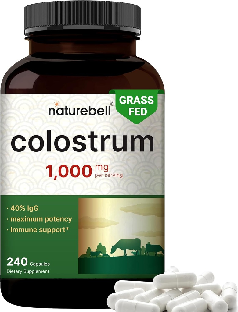 NatureBell Bovine Colostrum Suplemento 1000mg Por Serving, 240 cápsulas  40% IgG Colostrum Powder for Gut Health, Bloating, Skin, Hair & Immune Support – Non-GMO