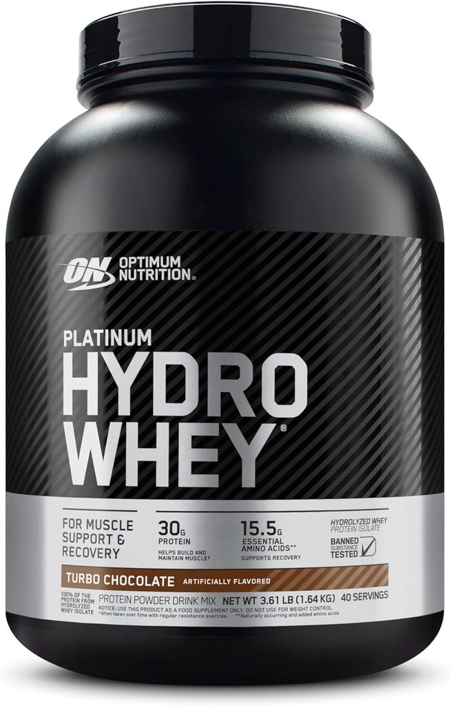 Optimum Nutrition Platinum Hydrowhey Protein Powder, 100% Hidrolyzed Whey Protein Isolate Powder, Sabor: Turbo Chocolate, 40 Servings, 3.61 libras (Packaging May Vary)