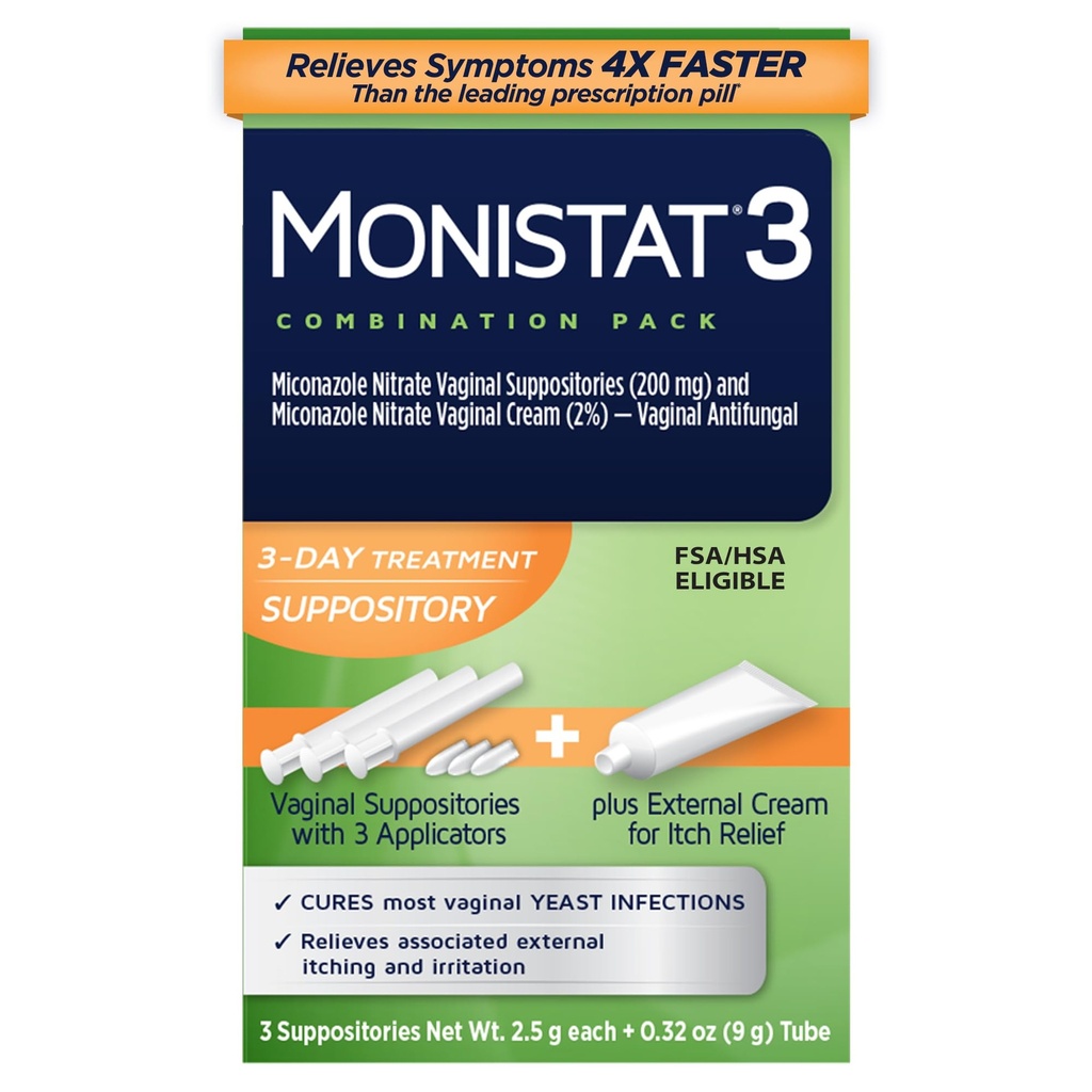 Monistat 3-Day Yeast Infection Treatment for Women, 3 Miconazole Vaginal Suppositories & External Itch Relief Cream (9g Tube) Combo Pack